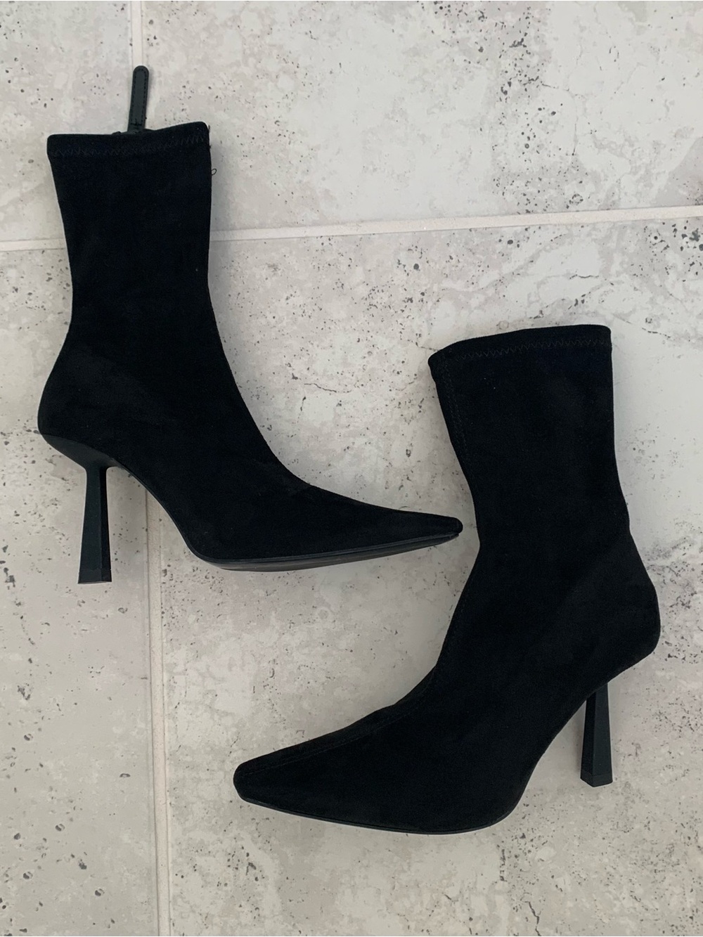 Zara Black Pointed Toe Stretch Suede Sock Ankle Boots